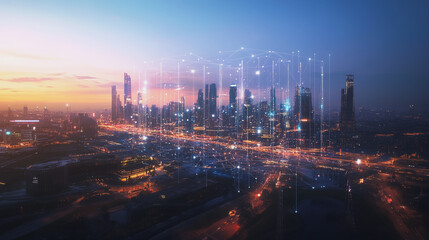 Fototapeta premium Abstract business man stands on Smart digital Innovation city with connection network reciprocity over the twilight cityscape. of future wireless digital city and social media networking systems