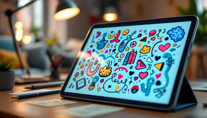 Tablet Displaying Colorful Doodle Art Design