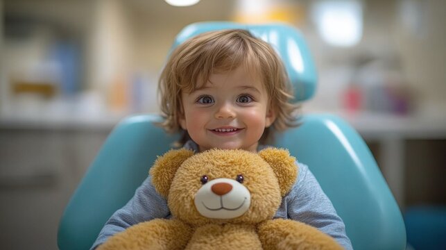 A toddler sitting in a pediatric dentists chair, with a plush bear in their lap, watching a friendly dentist prepare for a checkup