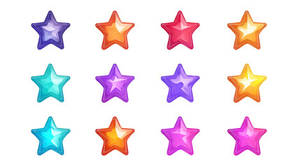 Fototapeta premium Colorful Glowing Star Icons Arranged on a White Transparent Background for Creative Design Projects