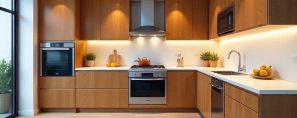 Wooden cabinets with stainless steel appliances in a modern kitchen, countertops, stove