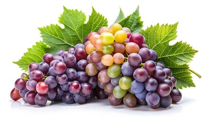 Colorful Grapes with Green Leaves on White Background