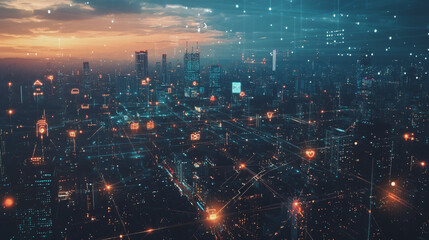 Obraz premium Abstract business man stands on Smart digital Innovation city with connection network reciprocity over the twilight cityscape. of future wireless digital city and social media networking systems