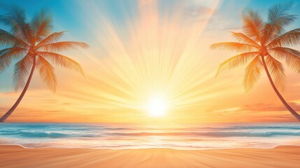 Obraz premium Tropical Sunset Paradise: Two majestic palm trees silhouette against a vibrant tropical sunset, casting long shadows across a pristine beach and crystal-clear ocean.