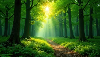 Fototapeta premium Sun-dappled green forest panorama, lush deciduous trees, trees, plant, nature