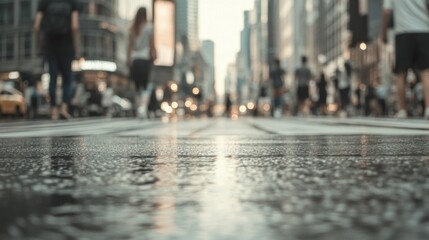 Wet city street with blurred pedestrians.