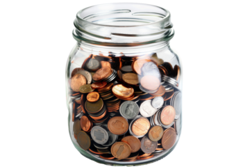 Glass Jar Filled With Mixed Coins for Savings on a Transparent Background