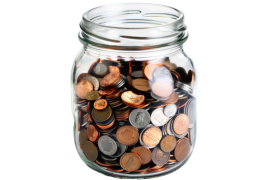 Glass Jar Filled With Mixed Coins for Savings on a Transparent Background