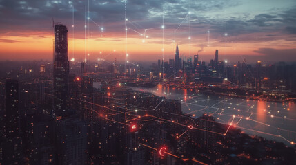  Abstract business man stands on Smart digital Innovation city with connection network reciprocity over the twilight cityscape. of future wireless digital city and social media networking systems