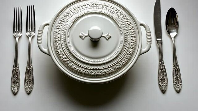Elegant dining setup featuring a decorative pot and silverware on a minimalist table