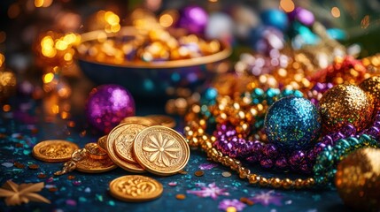 Mardi Gras doubloons on a table, surrounded by masks, beads, and other celebratory items