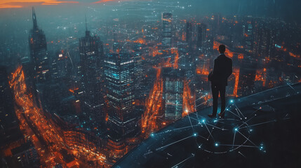 Fototapeta premium Abstract business man stands on Smart digital Innovation city with connection network reciprocity over the twilight cityscape. of future wireless digital city and social media networking systems