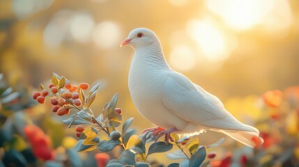 Fototapeta premium A white dove peacefully resting on a stone ledge, surrounded by soft blooming flowers, calm and tranquil lighting 