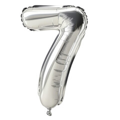 A shiny silver number seven foil balloon with a metallic finish, perfect for birthday or anniversary celebrations. Isolated, AI generated.  .