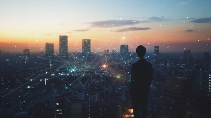  Abstract business man stands on Smart digital Innovation city with connection network reciprocity over the twilight cityscape. of future wireless digital city and social media networking systems
