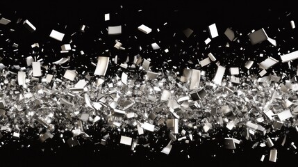 Silver metallic fragments explosion on black background.