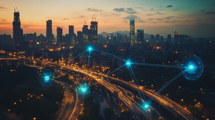 Obraz premium Smart digital Innovation city with connection network reciprocity over the cityscape. of future smart wireless digital city and social media networking systems that connects people with in city
