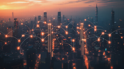 Fototapeta premium Smart digital Innovation city with connection network reciprocity over the cityscape. of future smart wireless digital city and social media networking systems that connects people with in city