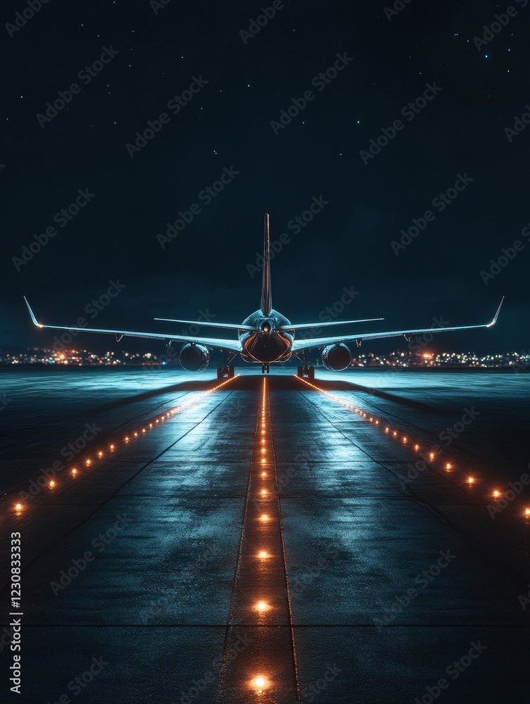 Poster Airplane preparing for takeoff on illuminated runway with navigation lights at night. Generative AI
