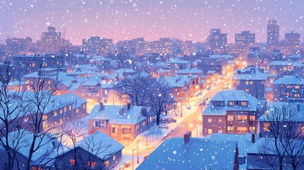 A peaceful winter cityscape at dawn, snow-covered rooftops and streets, soft pastel hues, light snowfall, photorealistic style