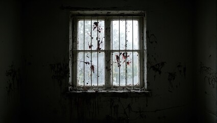 Fototapeta premium Eerie room in abandoned asylum with bloody window smears