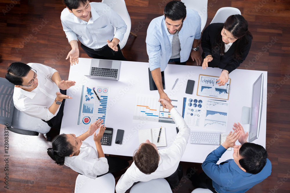 Aufkleber top view diverse office employee worker shake hand after making agreement on strategic business mark