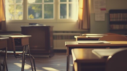 A quiet classroom scene with empty desks in the foreground, a softly blurred teacher's desk and books in the background