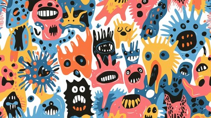 Obraz premium A mix of quirky cartoon microbes in flat colors, featuring diverse shapes like spiky balls, blobs, and worm-like designs