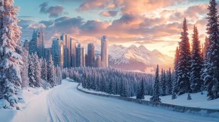 Fototapeta premium A modern city skyline surrounded by snow-dusted skyscrapers, avalanche barriers visible in the foreground, with a serene winter sunset