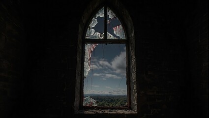 Creepy abandoned bell tower with blood smeared broken window under night sky
