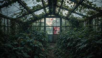Eerie greenhouse scene at dusk with vines and blood smeared window