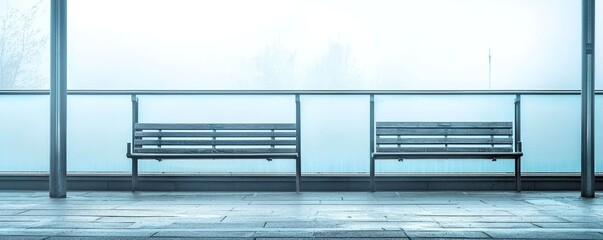 Isolated bus stop bench, metallic railings polished and unyielding, placed in a foggy industrial area, embodying cold functionality and exclusion