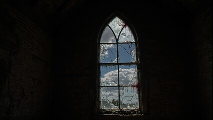 Creepy abandoned bell tower with blood smeared broken window under night sky