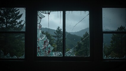 Fototapeta premium Eerie mountain cabin with shattered window bloody glass shards and ominous shadows