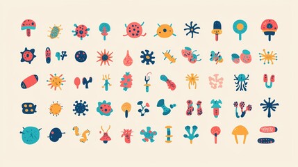 A neatly arranged set of colorful flat icons showing various bacteria, viruses, and fungi with playful designs on a light neutral backdrop