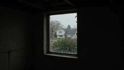 Fototapeta premium Mysterious suburban basement with fogged window and eerie red streaks