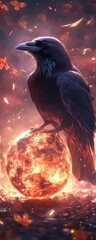Fiery Raven Perched on Orb, Apocalyptic Background