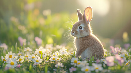 Cute fluffy baby bunny rabbit sitting on a bed of spring flowers, natural outdoor light, green grass background, shallow depth of field, photorealistic