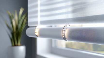 Detail shot of automatic roller blinds lowering smoothly, showcasing their precision mechanism and elegant design in a cozy home setting