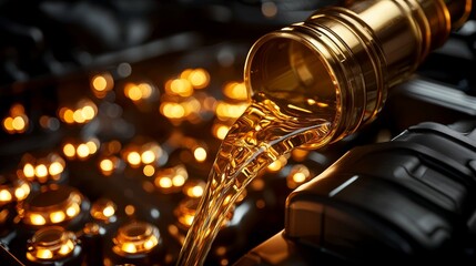 Detail shot of oil being poured into an engine with a gleaming funnel, emphasizing clean and professional service, maintenance concept