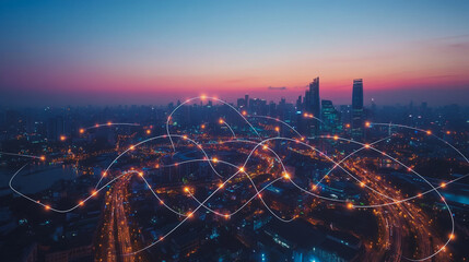 Obraz premium Smart digital Innovation city with connection network reciprocity over the cityscape. of future smart wireless digital city and social media networking systems that connects people with in city