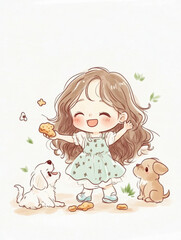 joyful girl with long hair plays with two cute dogs, sharing cookies in playful scene. illustration captures heartwarming moment of friendship and fun