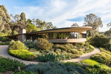 Fototapeta premium Modern architectural design complements lush garden landscape in serene outdoor setting