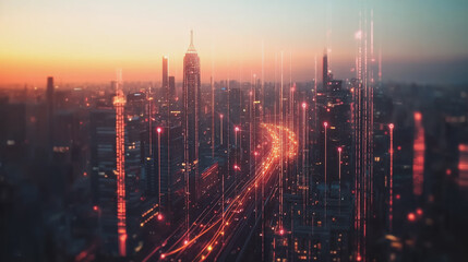 Fototapeta premium Abstract business man stands on Smart digital Innovation city with connection network reciprocity over the twilight cityscape. of future wireless digital city and social media networking systems