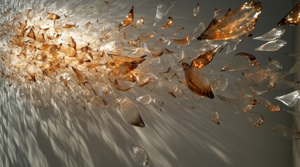 Art installation of glass leaves creating dynamic shadows in a contemporary gallery space