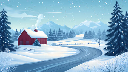 Fototapeta premium Picturesque snowy rural landscape featuring a christmas tree farm in the distance set amidst a peaceful winter wonderland of pine trees frosty fields and a serene pathway. Frosted Fields. Illustration