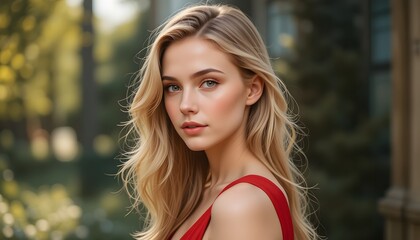 Naklejka premium portrait of a beautiful blond woman in red dress.