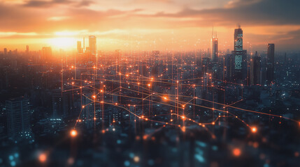 Fototapeta premium Abstract business man stands on Smart digital Innovation city with connection network reciprocity over the twilight cityscape. of future wireless digital city and social media networking systems