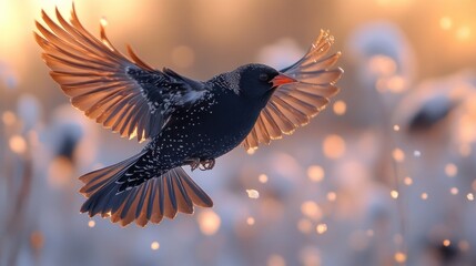 Obraz premium A captivating image of a European starling mid-flight with its wings spread wide showing the beauty of its plumage
