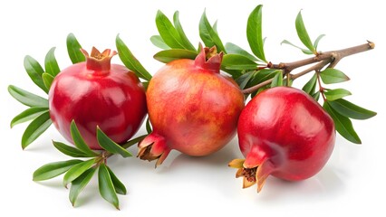 Three Pomegranates on Branch with Leaves